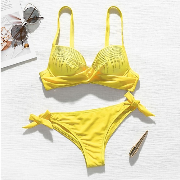 SOLD OUT CLEARANCE Yellow Rhinestone Crystal Shimmer Bikini Swimsuit - Picture 3 of 5